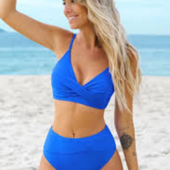 CUPSHE ROYAL BLUE CRISSCROSS FRONT HIGH WAIST BIKINI SET SIZE LARGE NWT - Picture 1 of 7